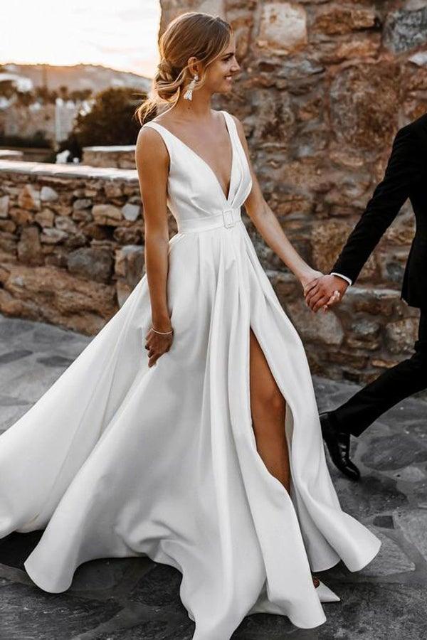 Elegant  A-line Satin V-neckline Sweep Train Wedding Dresses
