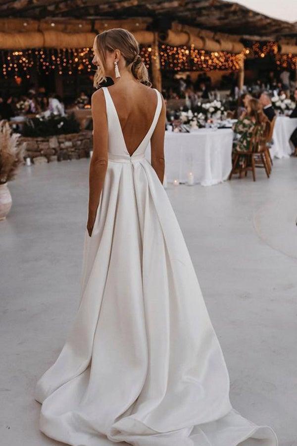 Elegant  A-line Satin V-neckline Sweep Train Wedding Dresses