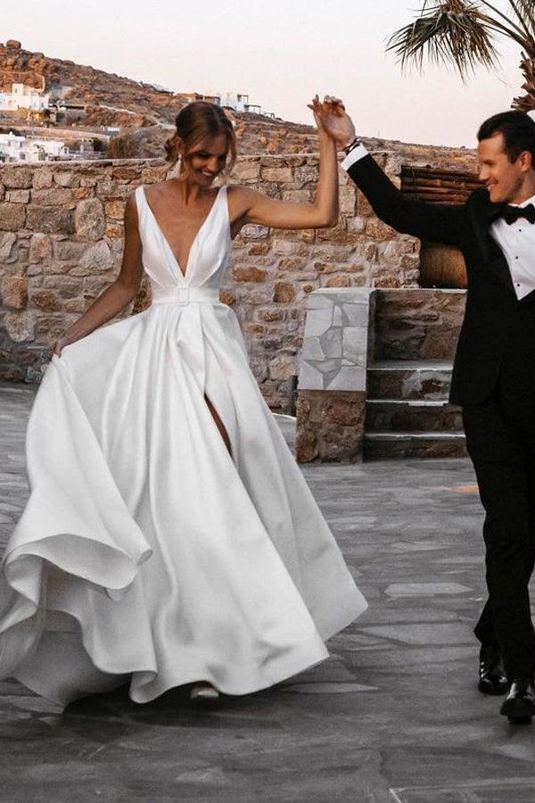 Elegant  A-line Satin V-neckline Sweep Train Wedding Dresses