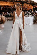 Elegant  A-line Satin V-neckline Sweep Train Wedding Dresses