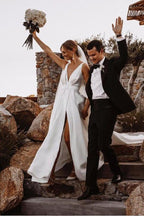 Elegant  A-line Satin V-neckline Sweep Train Wedding Dresses