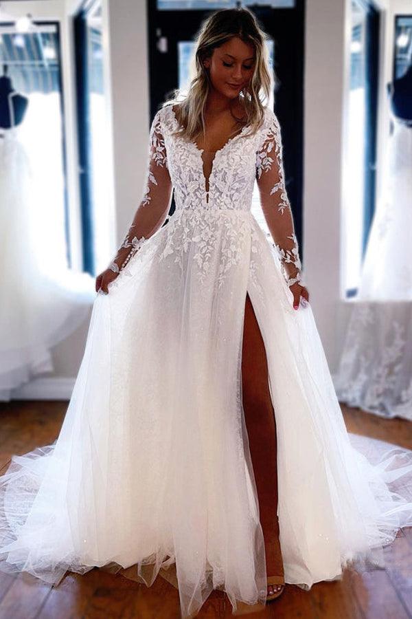 Vestidos de Noiva Elegantes em Linha A com Decote em V, Renda e Mangas Compridas