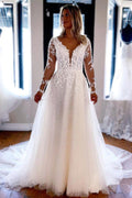 Vestidos de Noiva Elegantes em Linha A com Decote em V, Renda e Mangas Compridas