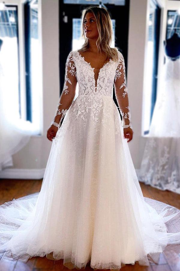 Vestidos de Noiva Elegantes em Linha A com Decote em V, Renda e Mangas Compridas