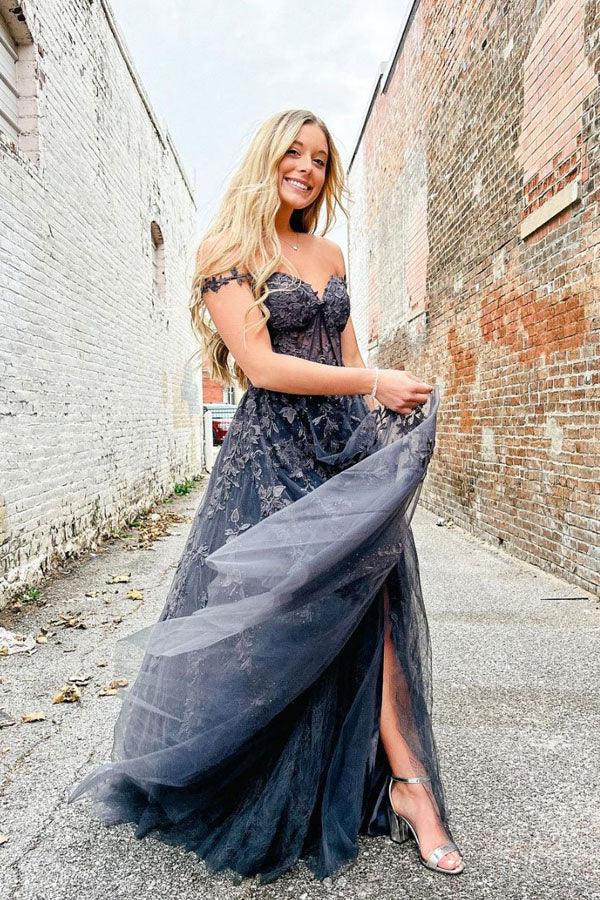 Vestido longo de baile elegante em linha A com decote coração, tule e renda, ombros descobertos