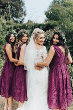 Vestido de Dama de Honra Elegante com Decote em V de Renda, Comprimento Chá, Corte em A BD094
