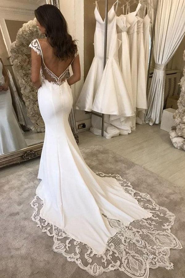 Robe de mariée en satin élégante à manches courtes en forme de queue de sirène avec décolleté en V et appliques en dentelle