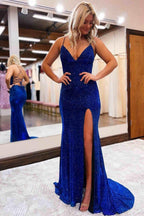 Vestido largo de fiesta azul real elegante con cola de sirena SYP87