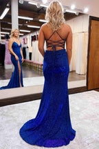 Vestido largo de fiesta azul real elegante con cola de sirena SYP87