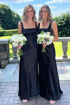 Vestido longo preto elegante para dama de honor com decote quadrado BD128
