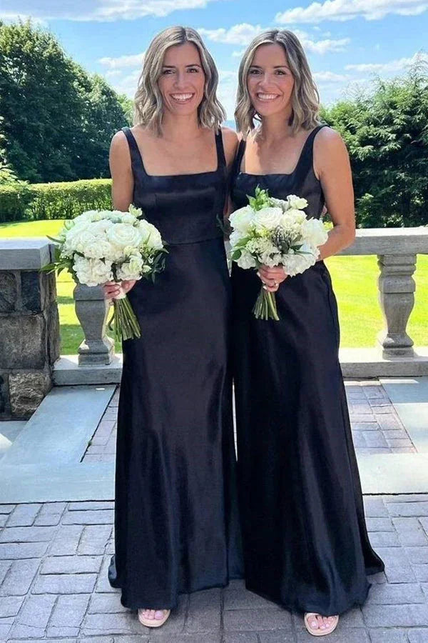 Vestido longo preto elegante para dama de honor com decote quadrado BD128