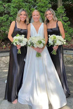 Vestido longo preto elegante para dama de honor com decote quadrado BD128
