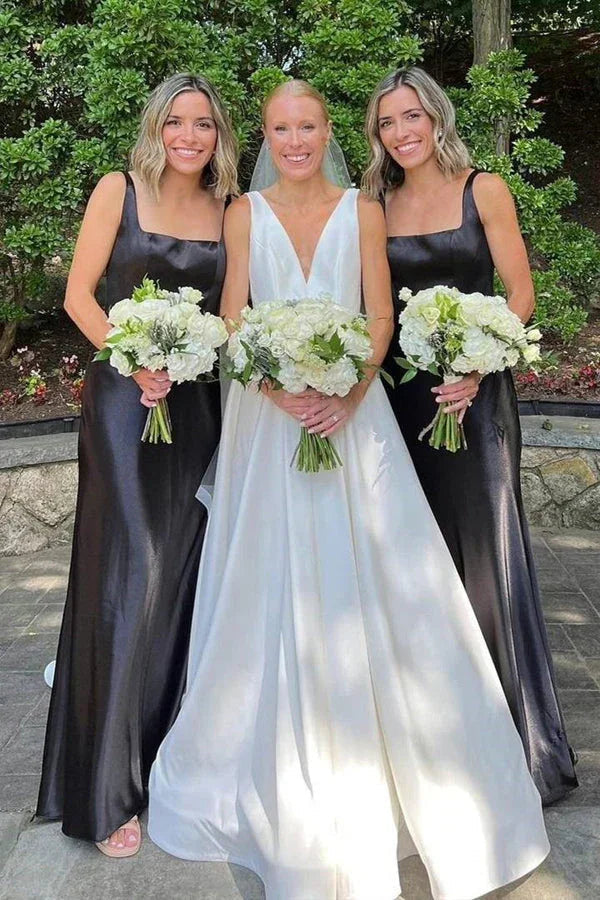 Vestido longo preto elegante para dama de honor com decote quadrado BD128