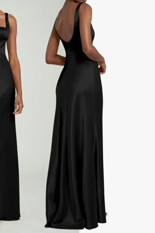 Vestido longo preto elegante para dama de honor com decote quadrado BD128