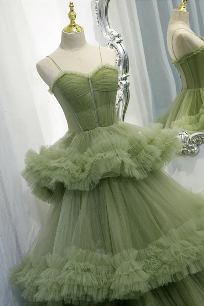Elegant Straps Pleated Green Tiered Tulle Prom Formal Dress  PSK417