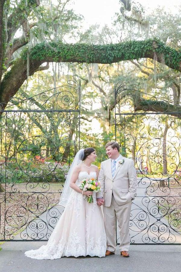 Elegant Sweetheart High Low Blush Wedding Dress with White Lace