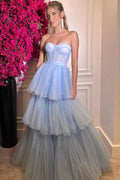 Vestidos de Baile Longos Elegantes em Camadas de Tule com Decote Coração e Corte em A