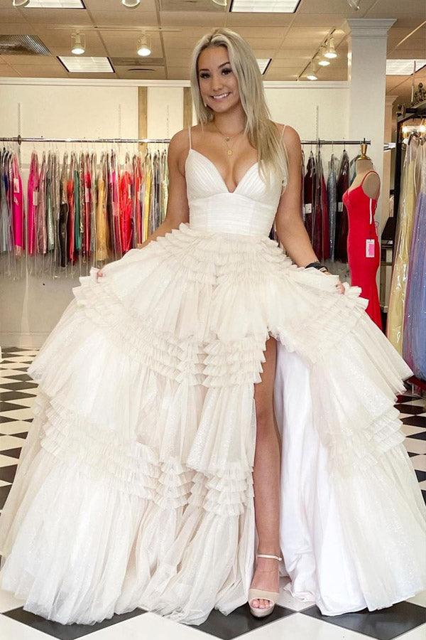 Elegant Tulle Ball Gown V Neck Side Split Layered Long Prom Dress