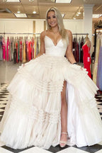 Elegant Tulle Ball Gown V Neck Side Split Layered Long Prom Dress