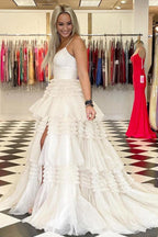 Elegant Tulle Ball Gown V Neck Side Split Layered Long Prom Dress