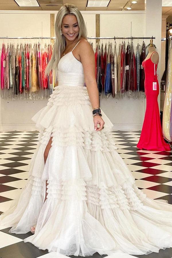 Elegant Tulle Ball Gown V Neck Side Split Layered Long Prom Dress