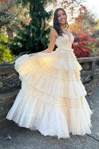 Elegant Tulle Ball Gown V Neck Side Split Layered Long Prom Dress