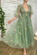 Vestidos Elegantes de Chá Verde com Mangas 3/4, Vestidos Curtos para Baile de Regresso a Casa
