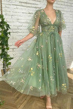 Vestidos Elegantes de Chá Verde com Mangas 3/4, Vestidos Curtos para Baile de Regresso a Casa
