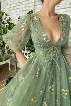 Vestidos Elegantes de Chá Verde com Mangas 3/4, Vestidos Curtos para Baile de Regresso a Casa