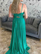 Emerald Green A-Line Spaghetti Strap Pleated Long Formal Dress