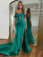 Red Mermaid Off Shoulder Corset Long Prom Dress With Slit