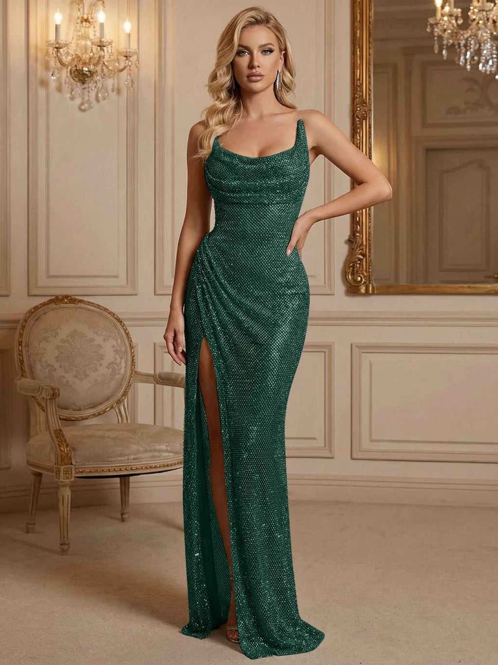 Silver Sequin Cowl Neck Ruched Long Prom Dress With High Slit