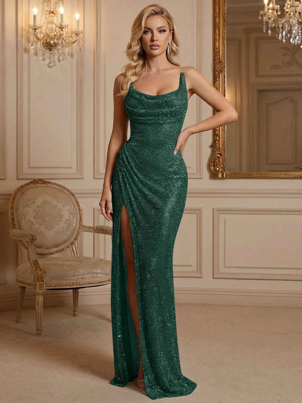 Silver Sequin Cowl Neck Ruched Long Prom Dress With High Slit