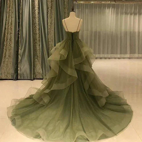 Grüne Träger Herzensdame Tüll Langes Abendkleid Grünes Geschichtetes Tüll Ballkleid Y987