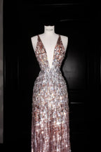 Vestido largo de noche formal con escote en V profundo, lentejuelas y espalda descubierta, vestido de gala Y8683