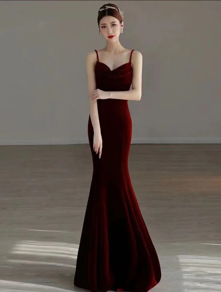Vestido de noche largo de sirena de terciopelo rojo elegante Vestido largo de gala Y7824