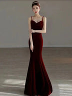 Vestido de noche largo de sirena de terciopelo rojo elegante Vestido largo de gala Y7824