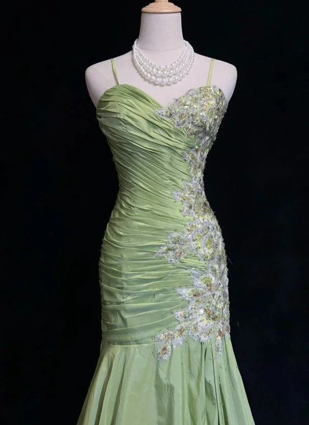 Vestido de Festa Longo Vintage Verde Sereia em Cetim com Lantejoulas e Contas, Alças Finas Y8556
