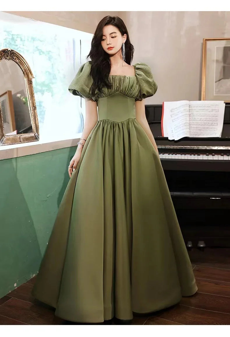 Vestido Verde de Noche Temperamento Manga Larga Abullonada Vestido de Princesa Y4315