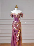 Classy Purple Satin Beaded Mermaid Prom Dress Off The Shoulder Long Evening Dress Y8605