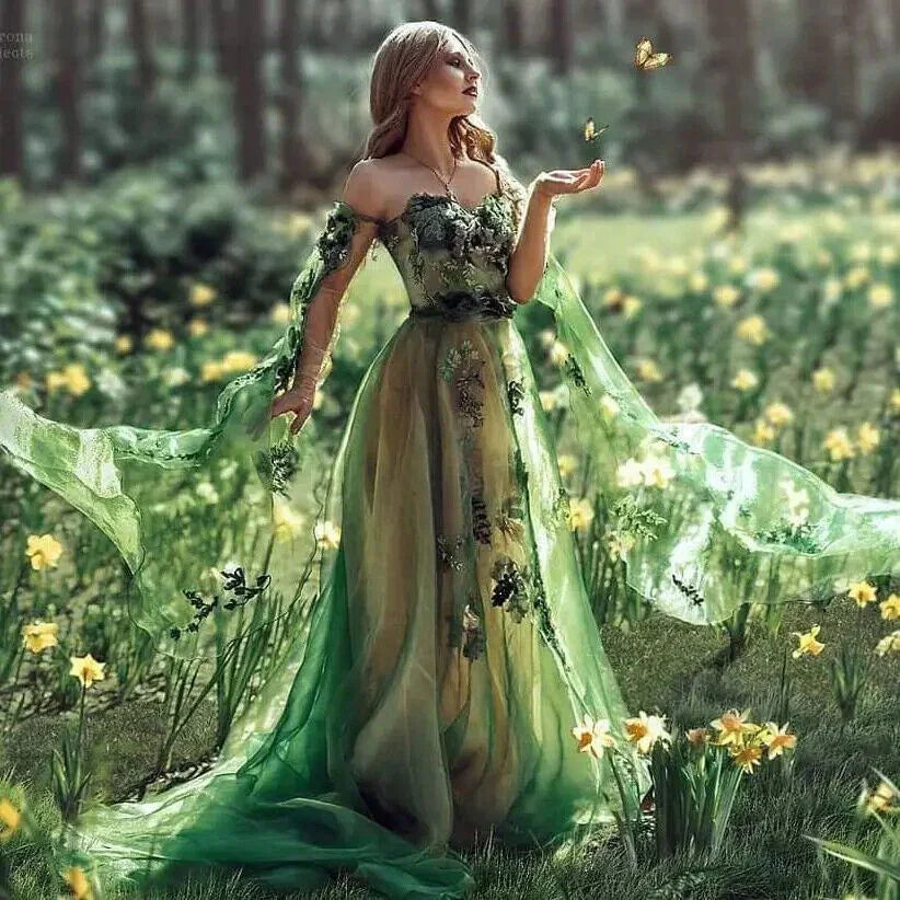 Vestido Único Verde com Ombros Descobertos, Mangas Compridas, Aplicações de Renda em Tule, Vestido de Noite Formal para Festa e Baile Y8390