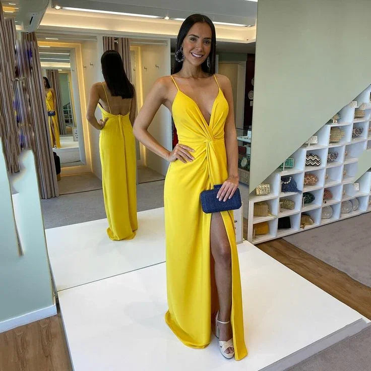 A-Line Satin Prom Dress Sexy V-Neck Spaghetti Straps Evening Dress High Slit Y5302