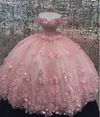 Vestido de Quinceanera Decote Fora do Ombro Cor-de-Rosa Vestido de Baile com Aplicações 3D e Cintura Ajustada Y6791