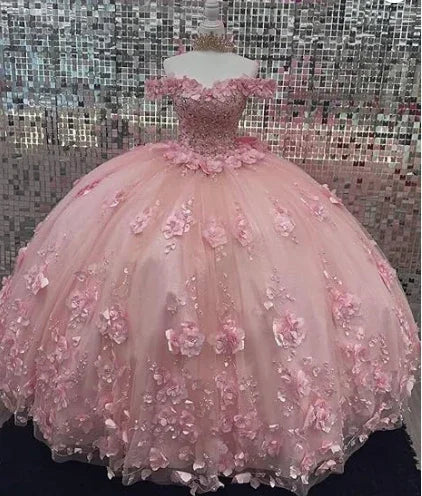 Vestido de Quinceanera Decote Fora do Ombro Cor-de-Rosa Vestido de Baile com Aplicações 3D e Cintura Ajustada Y6791