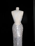 Vestido de Festa Prateado com Lantejoulas, Decote em V, Costas Descobertas, Estilo Sereia Y8680