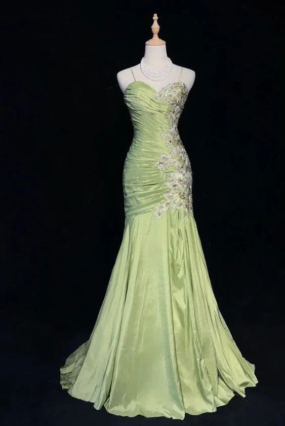 Vestido de Festa Longo Vintage Verde Sereia em Cetim com Lantejoulas e Contas, Alças Finas Y8556