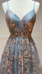 A-Line V Neck Tulle Sequin Long Prom Dress Backless Long Evening Dresses Y5620