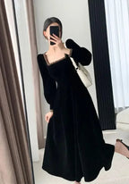 فستان مخملي نسائي بأكمام طويلة وياقة مربعة أنيق ضيق بتصميم رقع فستان سهرة موضة Y6744