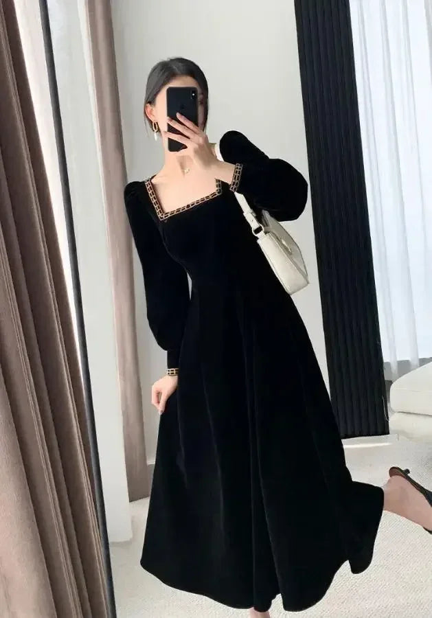 فستان مخملي نسائي بأكمام طويلة وياقة مربعة أنيق ضيق بتصميم رقع فستان سهرة موضة Y6744