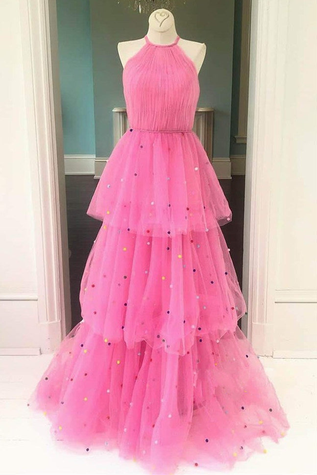 Roycebridal Tessa | Vestido de baile em tule cor-de-rosa vivo com corte em A e pontos coloridos